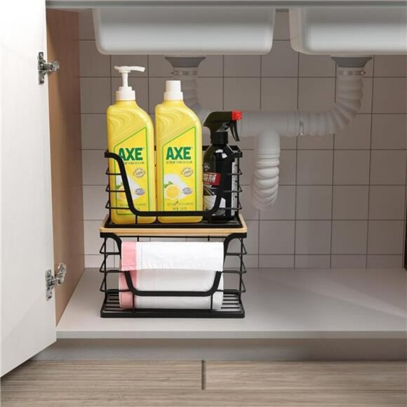 2 Pack Trash Bag Organizer Stackable Kitchen Wall Mount Bamboo Dispenser - Picture 4 of 7